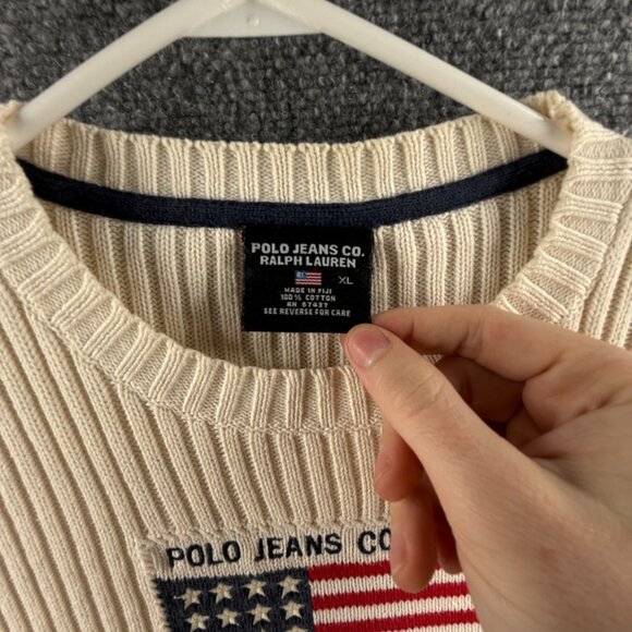 Ralph Lauren Polo Jeans Women Flag Sweater Ribbed Knit Embroidered XL Cotton - Picture 9 of 13